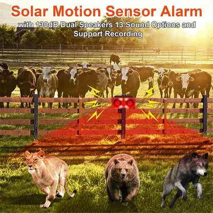 Solar Outdoor Motion Sensor Alarm with 13 Sound,130db Dual Speaker Motion Detector Alarm Light with Remote for Farm Yard HOT