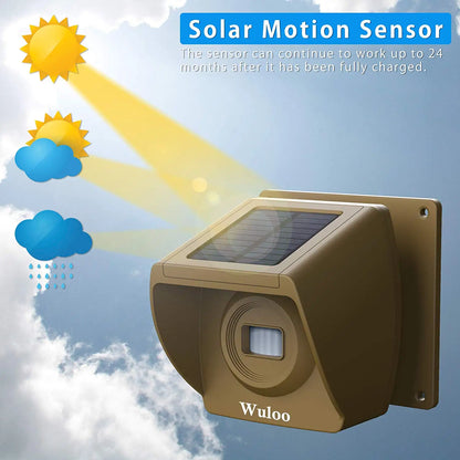 Wuloo 1800ft Range Solar Powered Driveway Alarm Wireless Motion Infrared Sensor Outdoor Security System 1 Receiver 2 Sensors Set