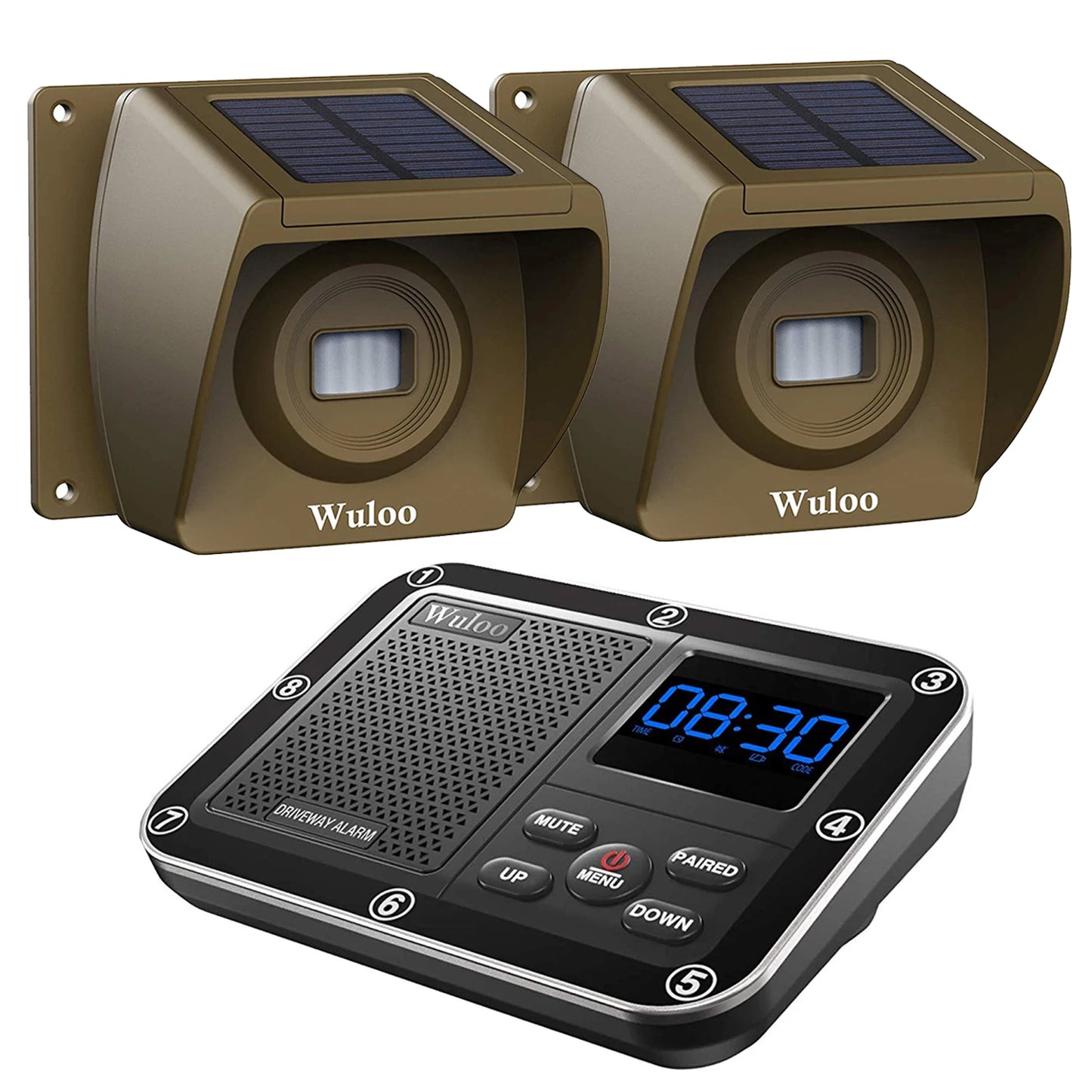 Wuloo 1800ft Range Solar Powered Driveway Alarm Wireless Motion Infrared Sensor Outdoor Security System 1 Receiver 2 Sensors Set